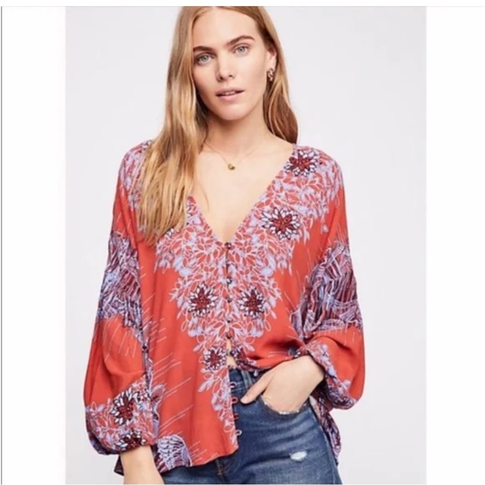 Free People Red and Purple Floral Blouse